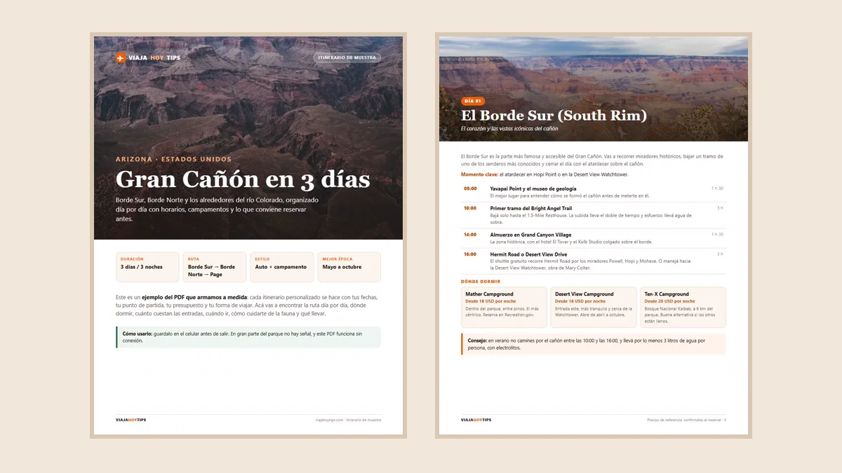 Portada y página del día 1 de un itinerario en PDF: Gran Cañón en 3 días