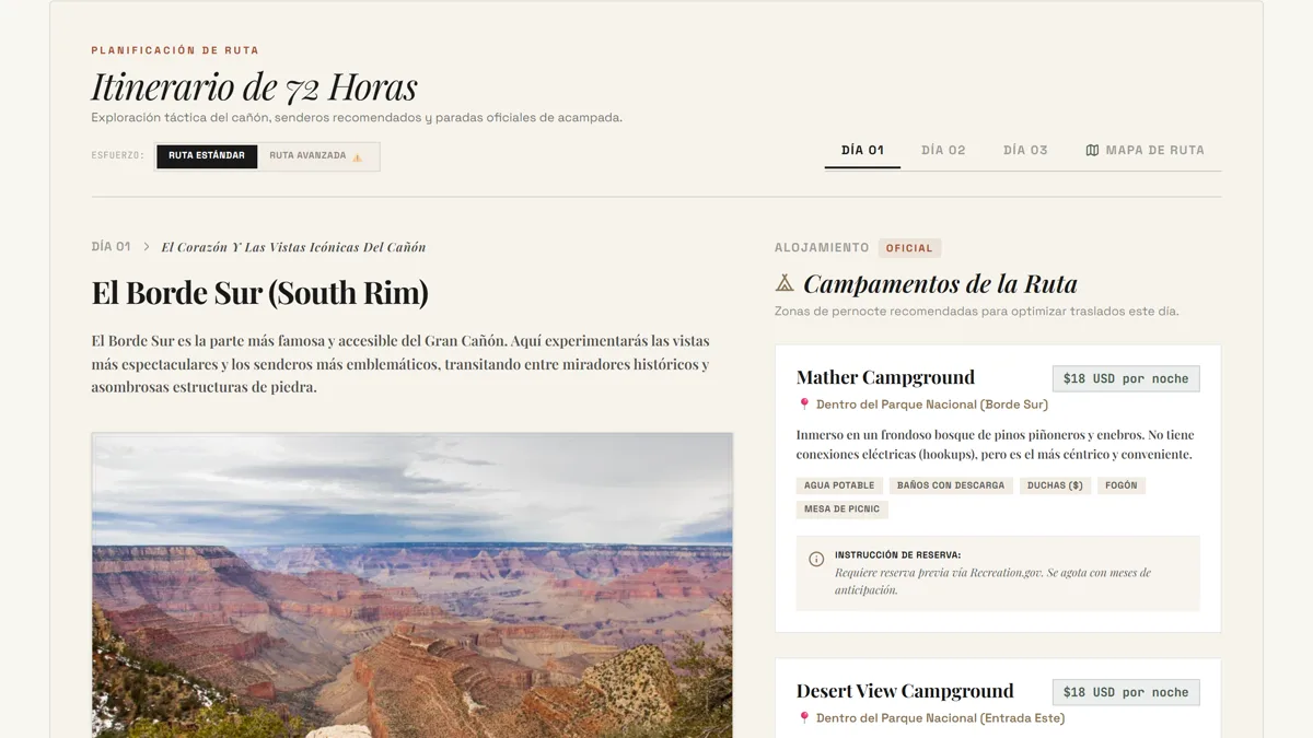 Webapp de itinerario del Gran Cañón: días, mapa de ruta y campamentos